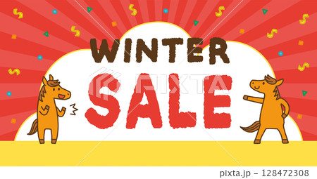 2026年 午年 年末年始 セール バナー  馬のキャラクターと紙吹雪の背景 128472308