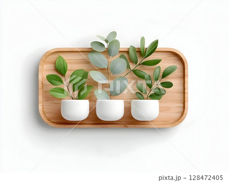 bouquet of green plants and branches with leaves in white mugs and glasses on white background isolated, for stylish kitchen interior design 128472405