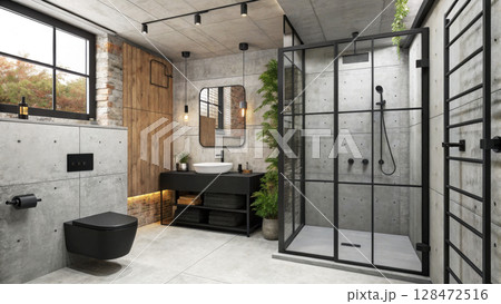 Minimalist industrial bathroom with black fixtures 128472516