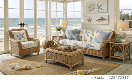Coastal living room with wicker furniture 128472517