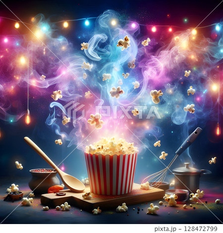 Gourmet Popcorn Art with Dynamic Smoke Effect 128472799