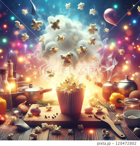 Gourmet Popcorn Art with Dynamic Smoke Effect 128472802