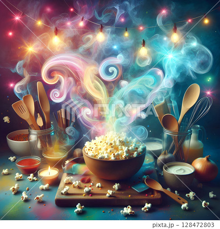 Gourmet Popcorn Art with Dynamic Smoke Effect 128472803