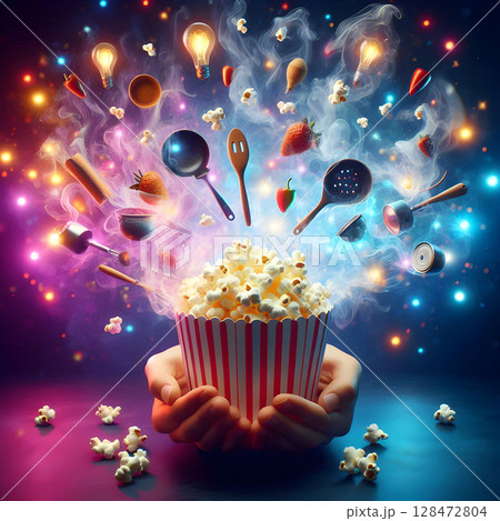 Gourmet Popcorn Art with Dynamic Smoke Effect 128472804