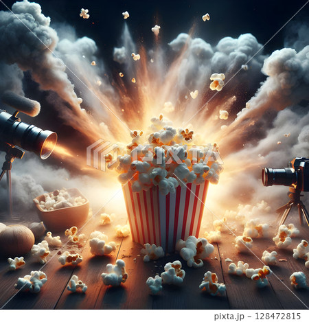 Gourmet Popcorn Art with Dynamic Smoke Effect 128472815