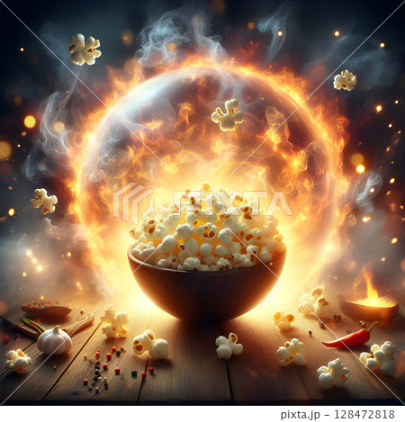Gourmet Popcorn Art with Dynamic Smoke Effect 128472818