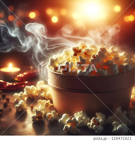Gourmet Popcorn Art with Dynamic Smoke Effect 128472821