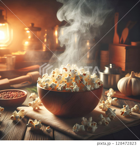 Gourmet Popcorn Art with Dynamic Smoke Effect 128472823