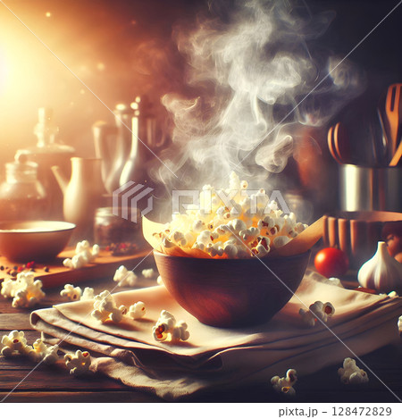 Gourmet Popcorn Art with Dynamic Smoke Effect 128472829