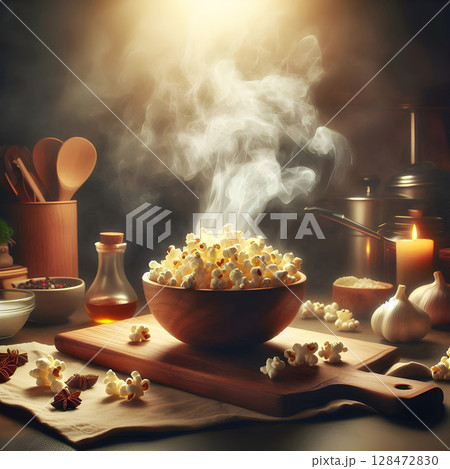 Gourmet Popcorn Art with Dynamic Smoke Effect 128472830
