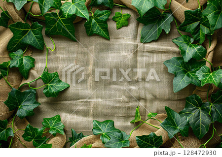 緑のツタと麻布の自然系テクスチャ背景 128472930