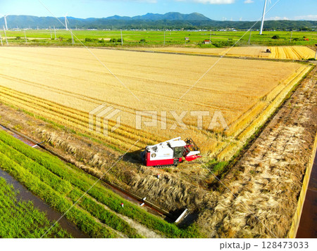 夏の北海道江差町で秋まき小麦の収穫作業風景を空撮 夏の北海道江差町で秋まき小麦の収穫作業風景を空撮 128473033