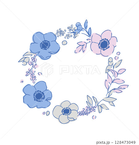 線画のガーベライラスト。花と草木のベクターイラスト。夏カラーの草木花イラストフレーム。 128473049