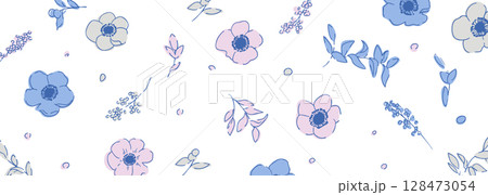 線画のガーベライラスト。花と草木のベクターイラスト。夏カラーの草木花イラストフレーム。 128473054