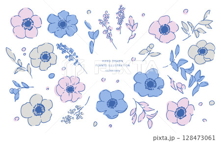 線画のガーベライラスト。花と草木のベクターイラスト。夏カラーの草木花イラストフレーム。 128473061