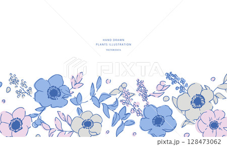 線画のガーベライラスト。花と草木のベクターイラスト。夏カラーの草木花イラストフレーム。 128473062