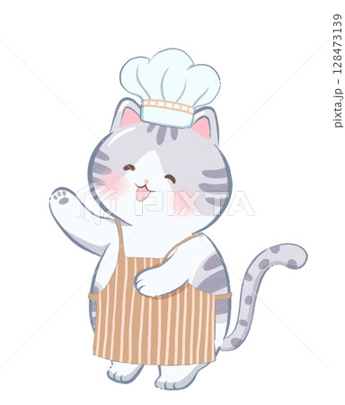 cat is standing in a chef's uniform, cute cat, kawaii cat, flat decorative cat drawing clipart 128473139