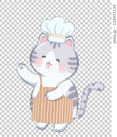 cat is standing in a chef's uniform, cute cat, kawaii cat, flat decorative cat drawing clipart 128473139