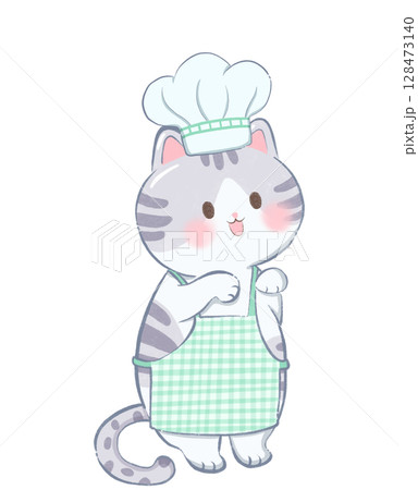 cute cat in a chef's uniform, cartoon cat illustration, flat decorative cat drawing clipart 128473140