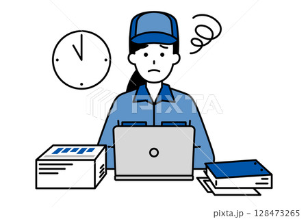 デスクワークの残業に困っているつなぎ作業服の女性 128473265