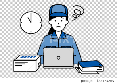 デスクワークの残業に困っているつなぎ作業服の女性 128473265