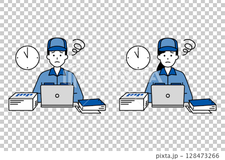 Set of men and women in overalls working in overalls struggling with overtime desk work 128473266