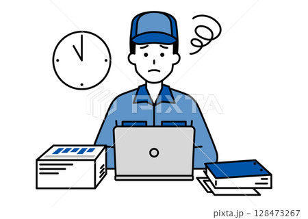 デスクワークの残業に困っているつなぎ作業服の男性 128473267