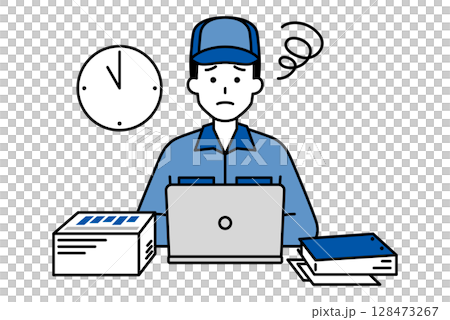 デスクワークの残業に困っているつなぎ作業服の男性 128473267