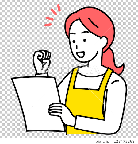 書類を見て喜ぶエプロン姿の女性 書類を見て喜ぶエプロン姿の女性 128473268