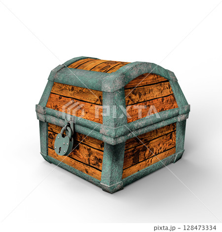 Antique Wooden Treasure Chest with Metal Details and Lock Close-Up. 3D Illustration. File with Clipping Path 128473334