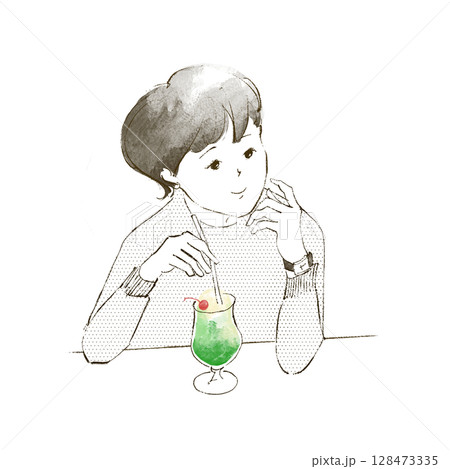 クリームソーダを飲む女性 128473335