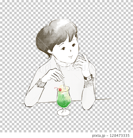 クリームソーダを飲む女性 128473335