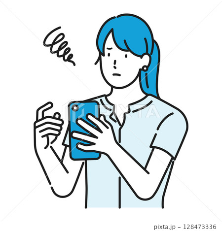 イラスト素材：スマホを見て困っている女性 128473336