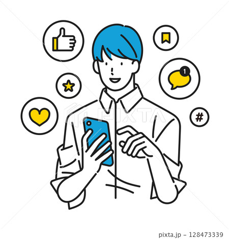 イラスト素材:スマホを見ながら、SNSから届く絵文字リアクションに反応している男性 イラスト素材:スマホを見ながら、SNSから届く絵文字リアクションに反応している男性 128473339