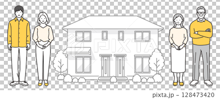 購買了兩代人住房的一對年輕夫婦和一對老年夫婦的插圖素材 128473420