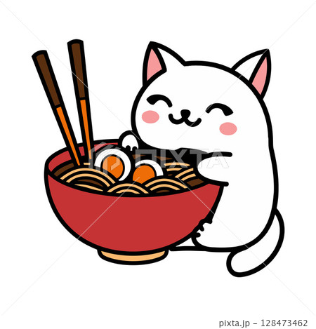 Cartoon White Cat Hugging Bowl of Ramen with Eggs and Chopsticks Cartoon White Cat Hugging Bowl of Ramen with Eggs and Chopsticks 128473462