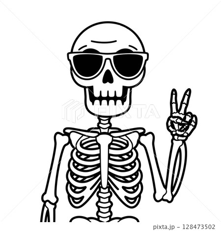 Cartoon Skeleton Wearing Sunglasses Making Peace Sign 128473502