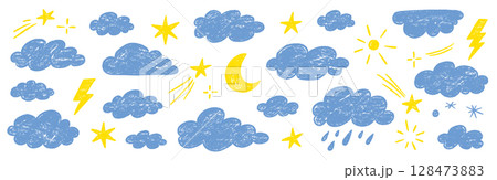 Crayon hand drawn pencil cloud element set. Hand drawn pastel crayon pencil stroke star, cloud, sun elements. Cute baby color sky elements school background with chalk texture. Vector Crayon hand drawn pencil cloud element set. Hand drawn pastel crayon pencil stroke star, cloud, sun elements. Cute baby color sky elements school background with chalk texture. Vector 128473883