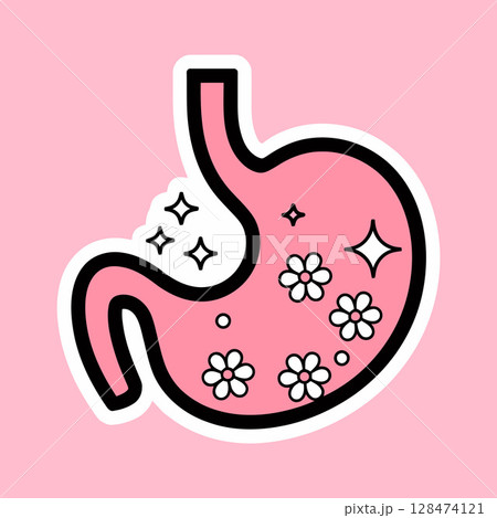 Cartoon Pink Stomach with Flowers and Sparkles Cartoon Pink Stomach with Flowers and Sparkles 128474121