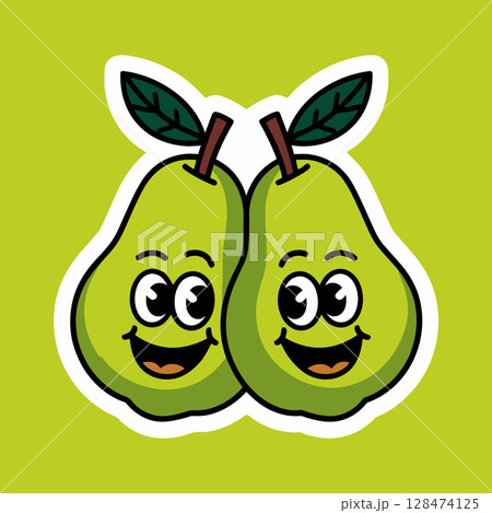 Cartoon Pear Duo with Smiling Faces on Green Background 128474125