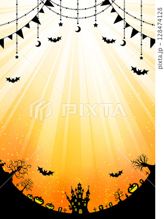ハロウィン背景、オレンジ、イラスト、集中、シルエット、縦 128474128