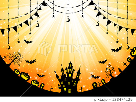 ハロウィン背景、オレンジ、イラスト、集中、シルエット、横 128474129