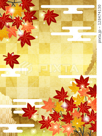 枝付き文様紅葉の紙継和背景、イラスト、縦、金色 128474130