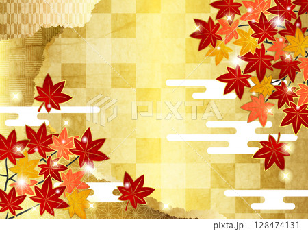 枝付き文様紅葉の紙継和背景、イラスト、横、金色 128474131