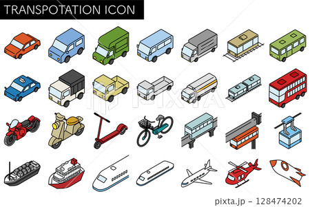 乗物アイコンセット、自転車やバイク・車や公共交通機関のシンプルでかわいいアイソメトリック線画アイコン 128474202