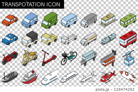 乗物アイコンセット、自転車やバイク・車や公共交通機関のシンプルでかわいいアイソメトリック線画アイコン 128474202