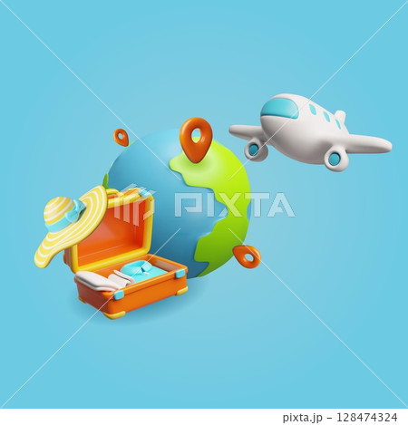 3d vector of airplane flying above the earth and suitcase with hat, tourism and vacation. 128474324