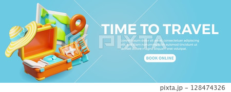 3D banner with open suitcase with things, air tickets and map. Online booking. 128474326