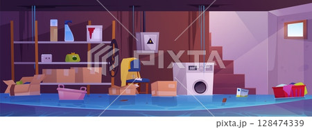 Flood basement room interior, storage home cellar with furniture, washing machine float in water vector illustration 128474339
