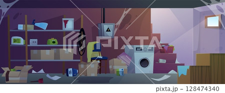 Abandoned dark basement room interior with cobwebs and scattered trash, dirty storage home cellar vector illustration 128474340